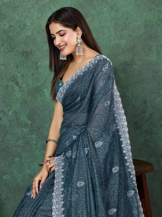 Seagreen Cotton Banarasi Printed Saree With Thread Embroidery Scalloping  Saree With Blouse Piece