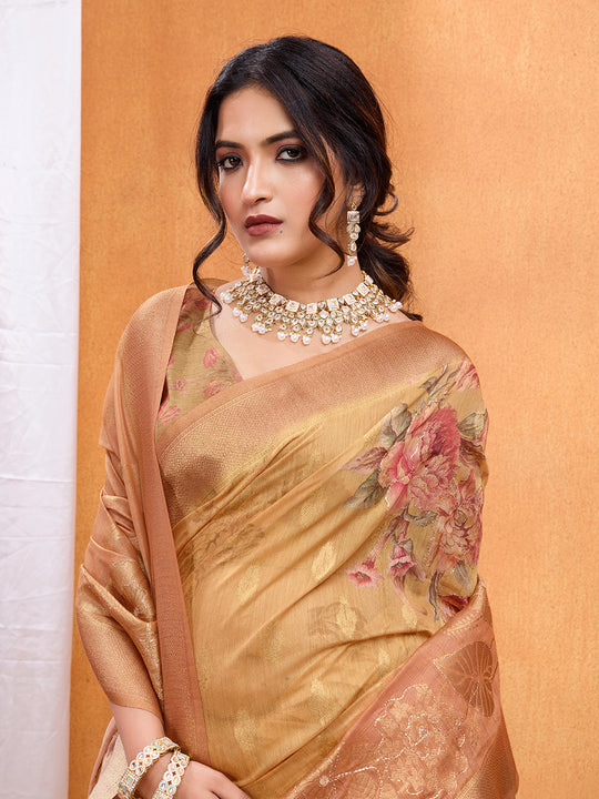Mustard Cotton Blend Saree With Blouse Piece