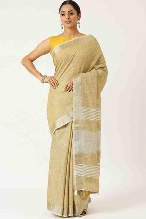 Womens Linen Blend Yellow Saree With Blouse Piece