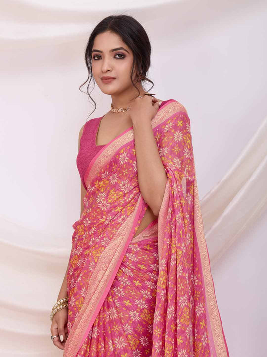 Onion Pink Pure Chiffon Viscose Border Block Printed Saree With Blouse Piece