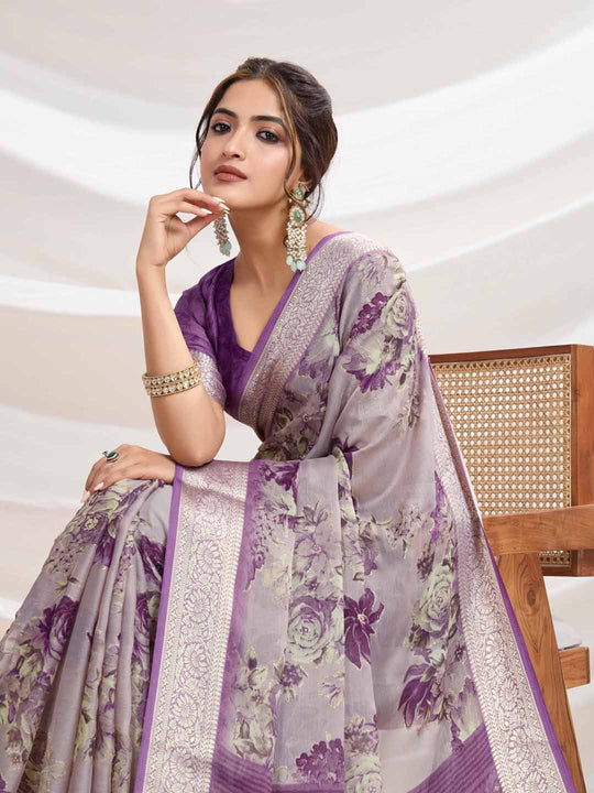 Lavendar Silk Chiffon Viscose Border Floral Printed Saree Saree With Blouse Piece