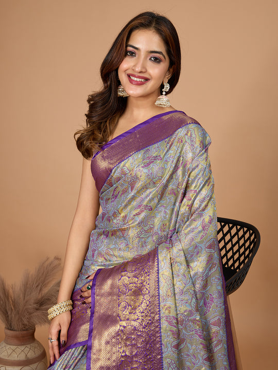 Violet Semi Silk Saree With Blouse Piece