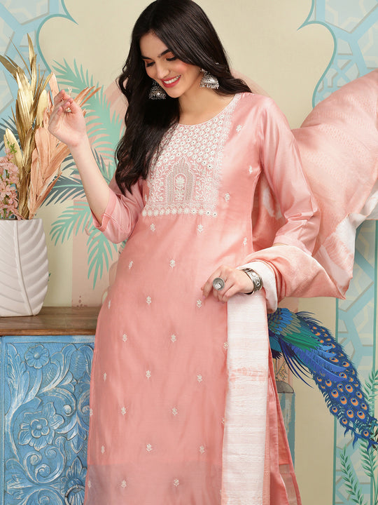Ethnic Motifs Embroidered Thread Work Straight Kurta with Trousers & Dupatta