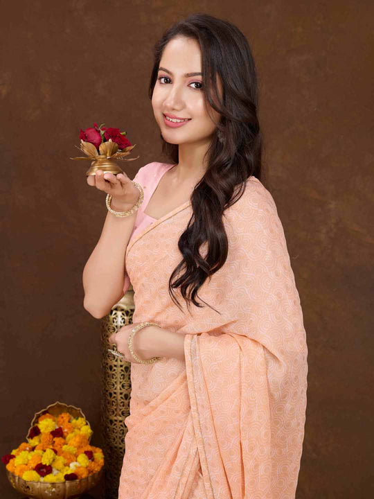 Orange Crepe Georgette Gold Foil Embellished Printed Saree With Blouse Piece