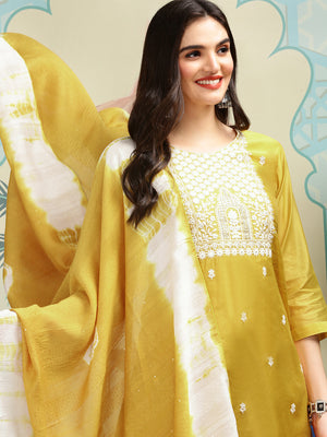 Ethnic Motifs Embroidered Thread Work Straight Kurta with Trousers & Dupatta