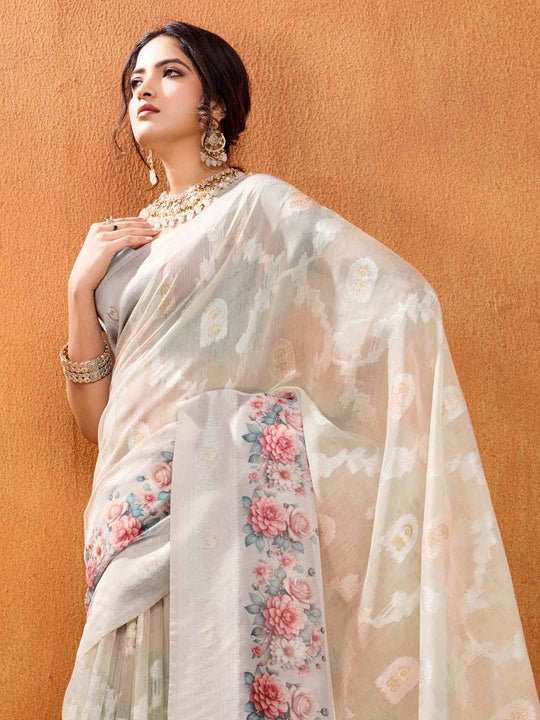 Grey Pure Cotton Lucknowi Woven Banarasi Saree With Ombre Floral Prints