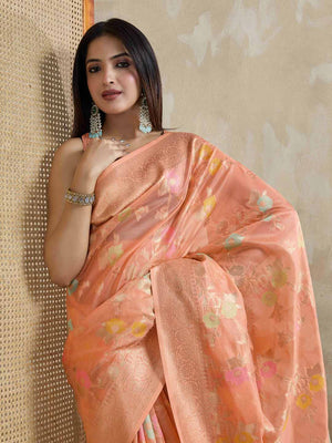 Peach Organza Banarasi Woven Rich Pallu With Blouse Piece