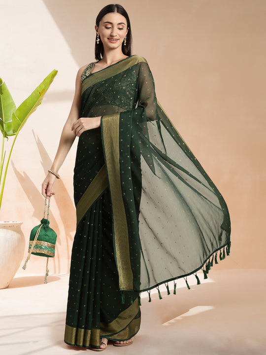 Green Chiffon Ready To Wear Saree With Blouse Piece
