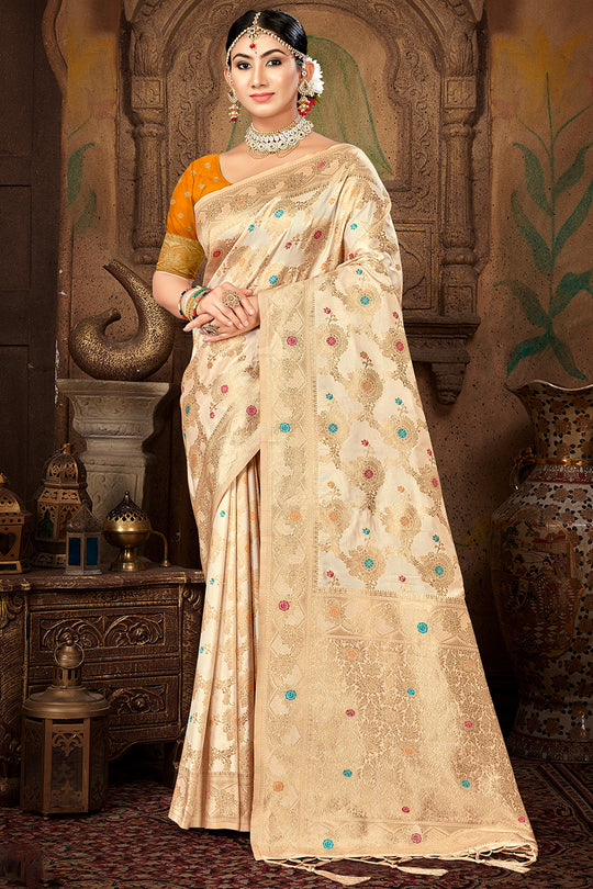 Cream Silk Saree With Blouse Piece