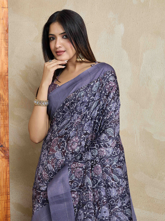 Lavendar Pure Handloom Tussar Woven Pallu Ajrakh Printed With Blouse Piece