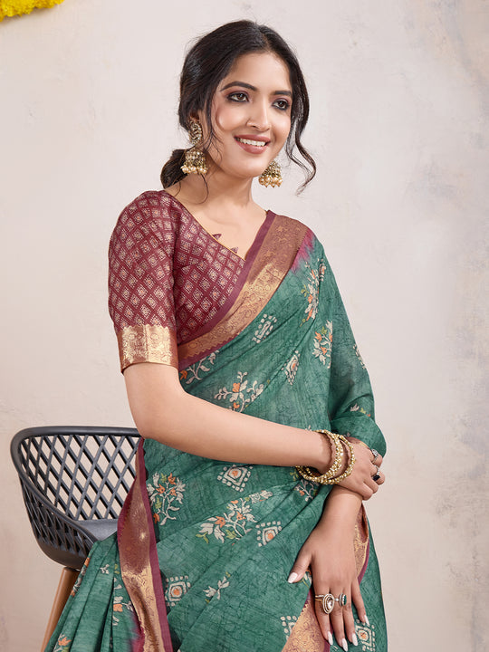 Teal Poly Crepe Festive Wear Saree With Blouse Piece