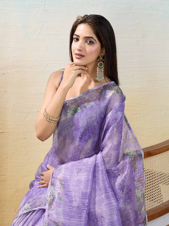 Purple Organza Zari Woven Printed Saree With Hand-Sequence Embellishment Saree With Blouse Piece