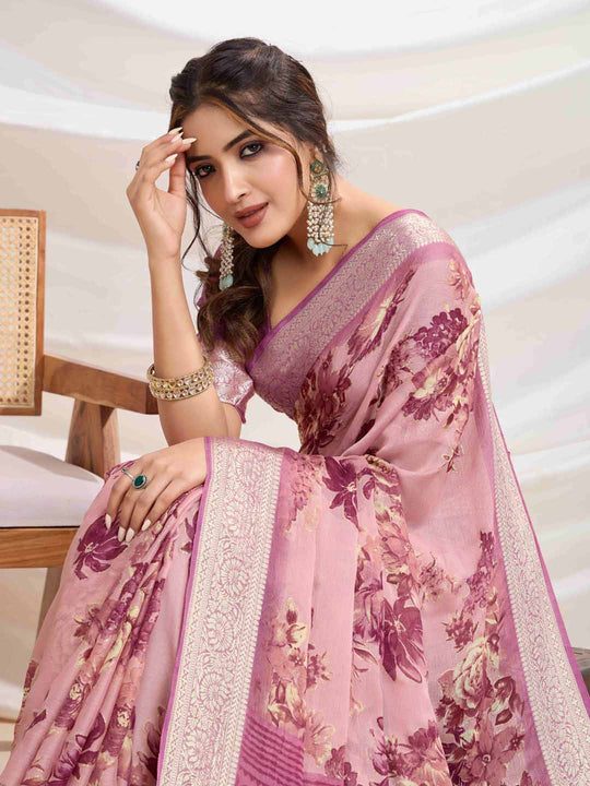 Onion-Pink Silk Chiffon Viscose Border Floral Printed Saree Saree With Blouse Piece