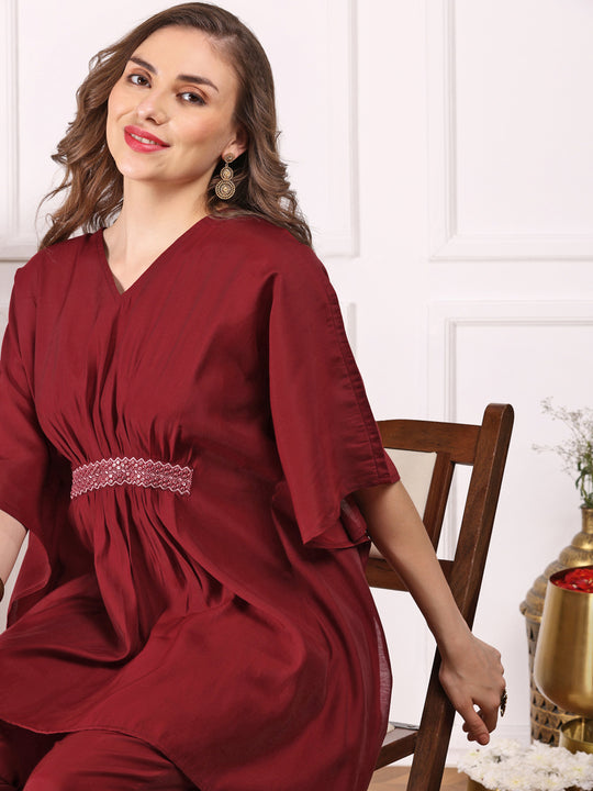 Maroon Kimono Sleeve Asymmetric Kaftan Kurti with Trousers