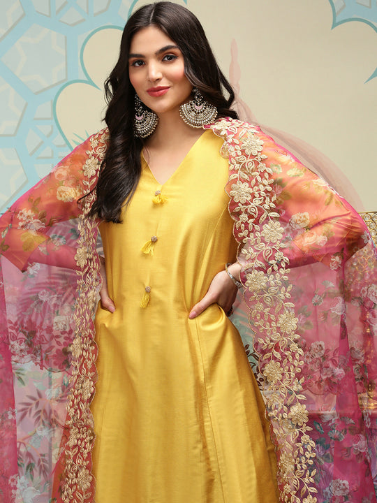 Solid V-Neck Three-Quarter Sleeves Kurta with Trousers & With Dupatta