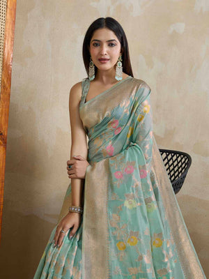 Seagreen Organza Banarasi Woven Rich Pallu With Blouse Piece