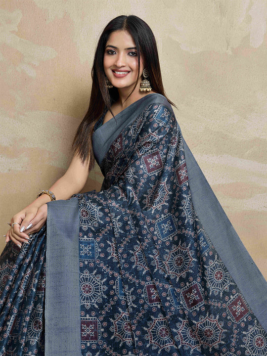 Indigoblue Pure Handloom Tussar Woven Pallu Ajrakh Printed With Blouse Piece
