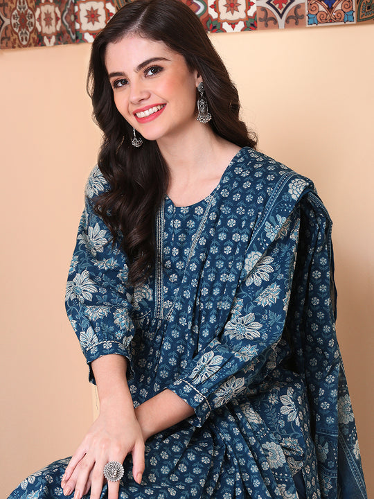 Floral Printed Round Neck Three-Quarter Sleeves Cotton Kurta with Trousers & Dupatta