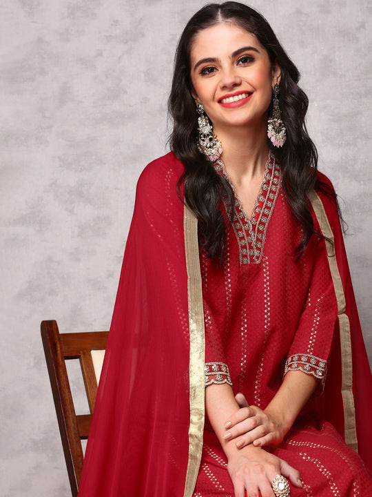 Floral Embroidered Regular Kurta with Trousers & Dupatta