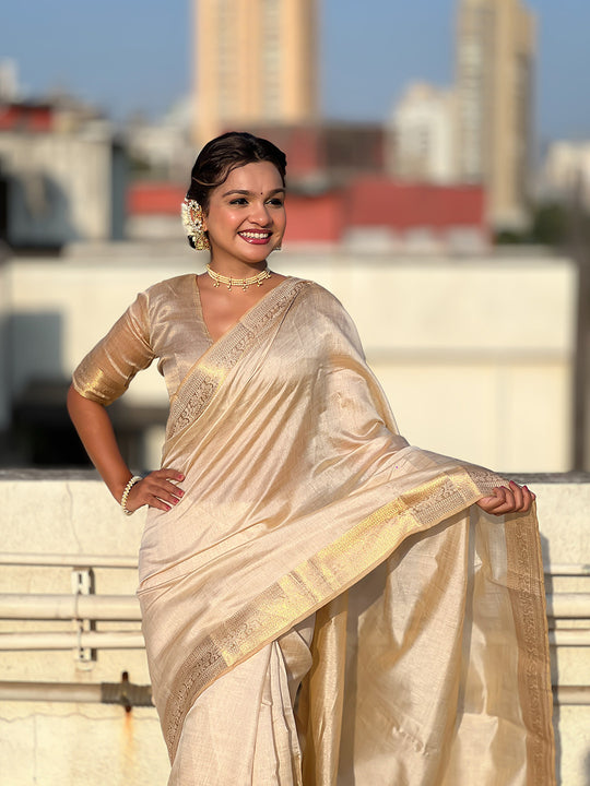 Chickoo Tussar Silk Saree With Blouse Piece