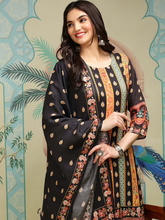 Black Floral Printed Regular Straight Kurta With Trousers & Dupatta