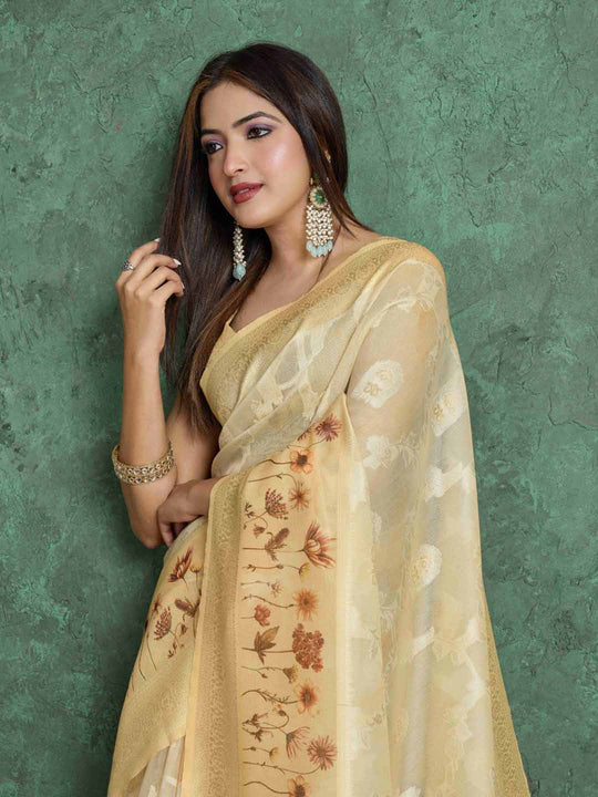 Yellow Pure Cotton Lucknowi Woven Printed Saree With Tassels Saree With Blouse Piece