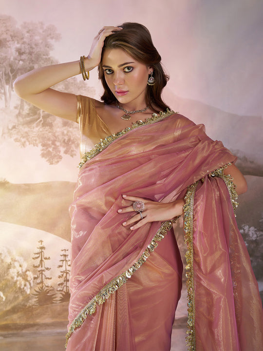 Peach Twill Net Solid Saree With Blouse Piece