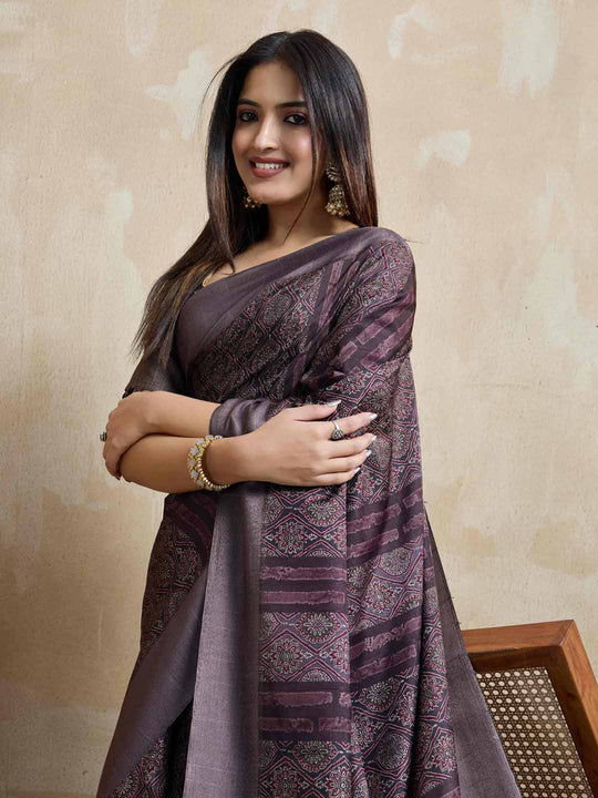 Wine Pure Handloom Tussar Woven Pallu Ajrakh Printed With Blouse Piece