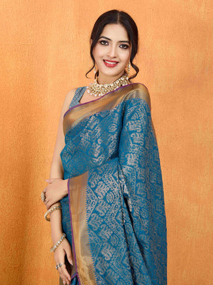 Indigo Blue Ikkat Woven Kajeevaram Silk Rich Pallu With Blouse Piece