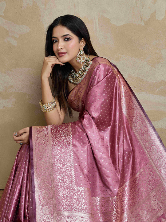 Onion-Pink Pure Satin Banarasi Saree With Tassels Saree With Blouse Piece