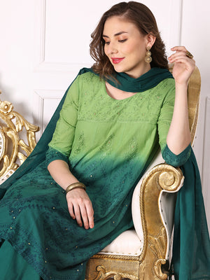 Ombre Embroidered Regular Thread Work Pure Cotton Kurta with Trousers & Dupatta