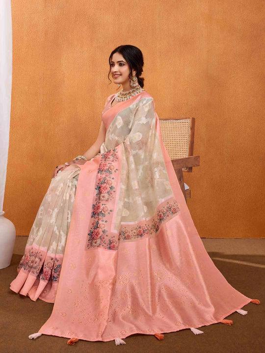 Rose Pink Pure Cotton Lucknowi Woven Banarasi Saree With Ombre Floral Prints