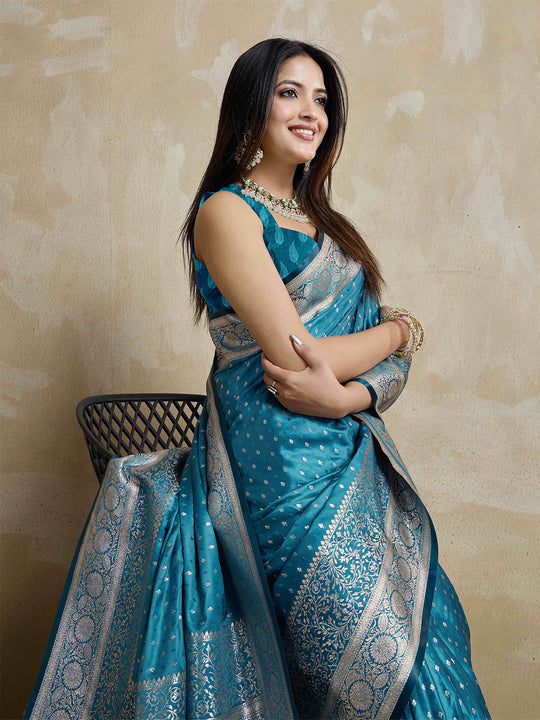 Blue Pure Satin Banarasi Saree With Tassels Saree With Blouse Piece