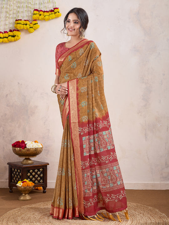 Mustard Yellow Poly Crepe Festive Wear Saree With Blouse Piece