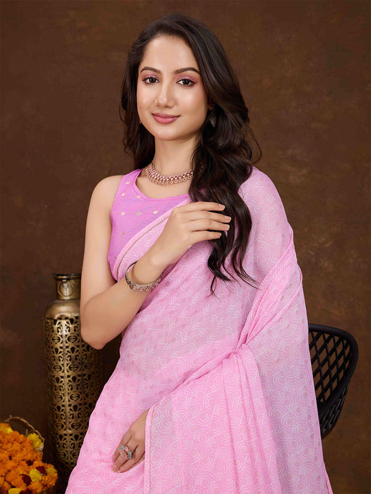 Pink Crepe Georgette Gold Foil Embellished Printed Saree With Blouse Piece