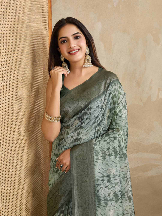 Green Pure Cotton Tie And Dye Printed Banarasi Rich Pallu Saree With Zari Tassels Saree With Blouse Piece