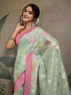 Pistagreen Pure Cotton Double Zari Woven Banarasi Printed With Blouse Piece
