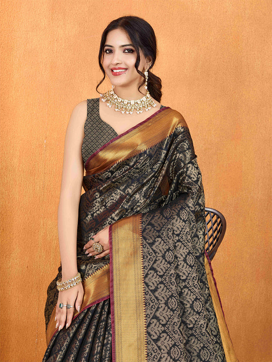 Black Ikkat Woven Kajeevaram Silk Rich Pallu With Blouse Piece