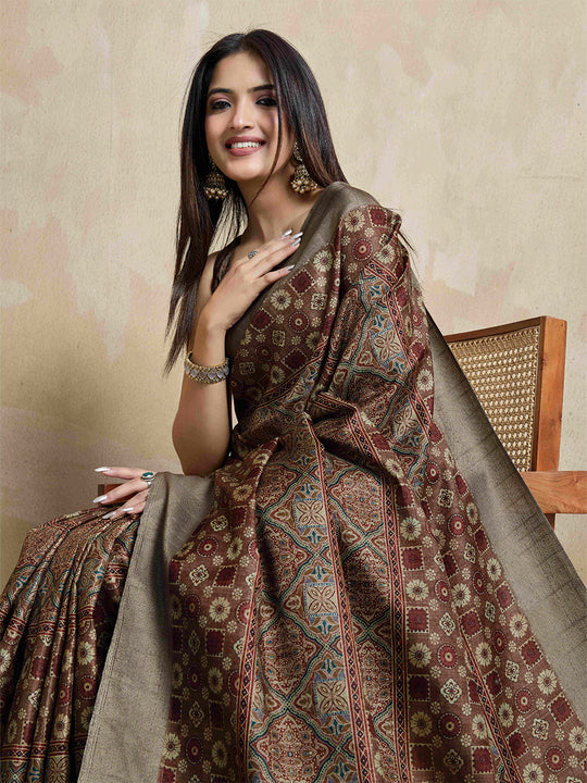 Brown Pure Handloom Tussar Woven Pallu Ajrakh Printed With Blouse Piece