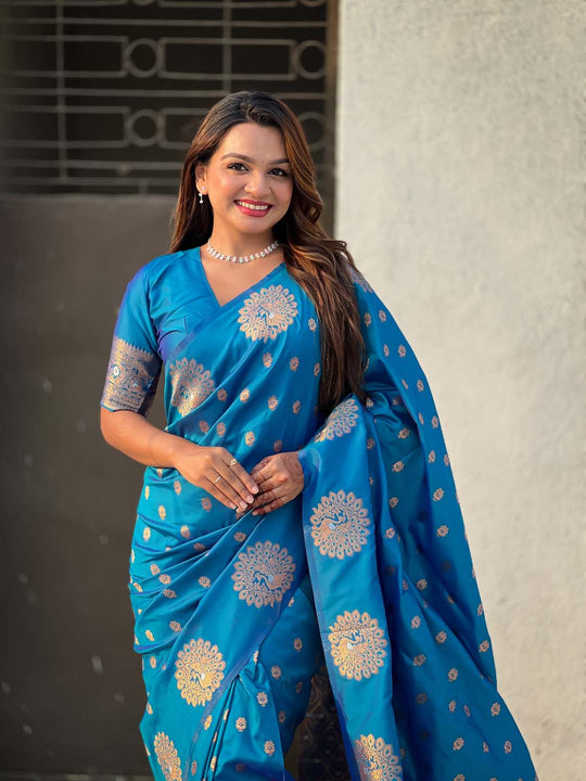 Sky Blue Soft silk Saree With Blouse Piece