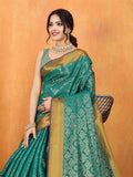 Seagreen Ikkat Woven Kajeevaram Silk Rich Pallu With Blouse Piece