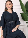 Navy Blue Kimono Sleeve Asymmetric Kaftan Kurti with Trousers