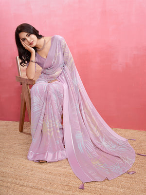 Purple Silk Georgette Festive Wear Saree With Blouse Piece