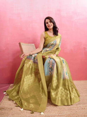 Olivegreen Cotton Banarasi Woven Rich Pallu Printed Saree With Blouse Piece