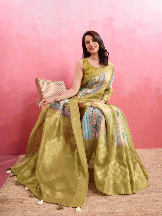 Olivegreen Cotton Banarasi Woven Rich Pallu Printed Saree With Blouse Piece