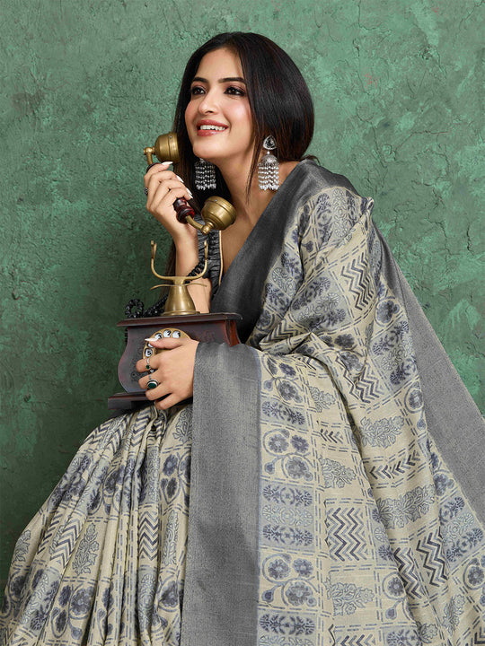 Milkywhite Pure Handloom Tussar Woven Pallu Ajrakh Printed With Blouse Piece