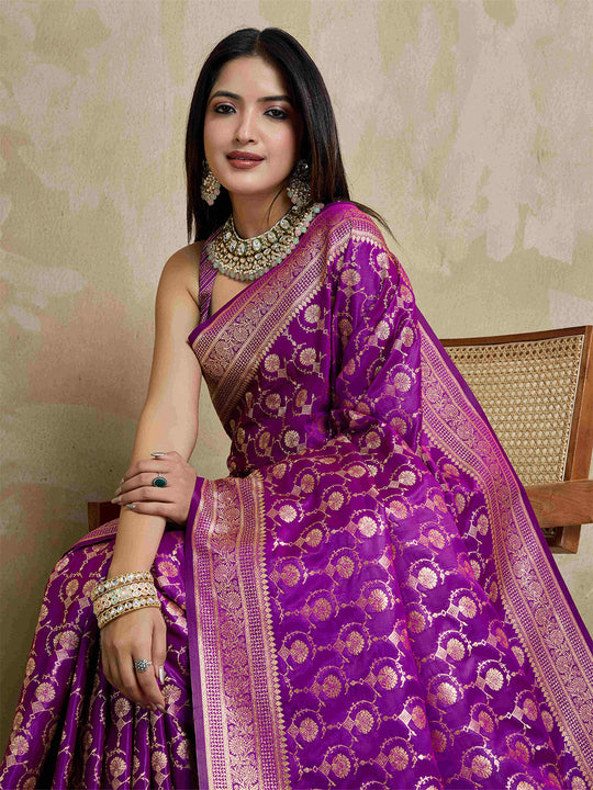 Purple Pure Satin Banarasi Saree With Tassels Saree With Blouse Piece