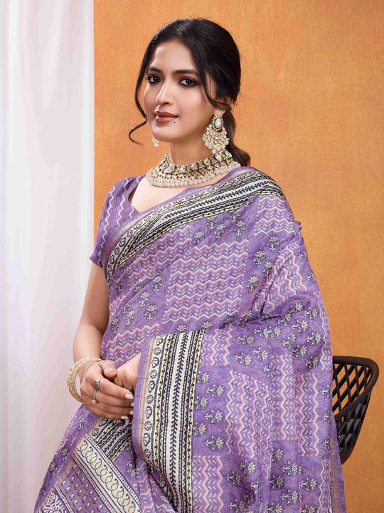 Purple Pure Tussar Silk Ajrakh Block Printed With Blouse Piece