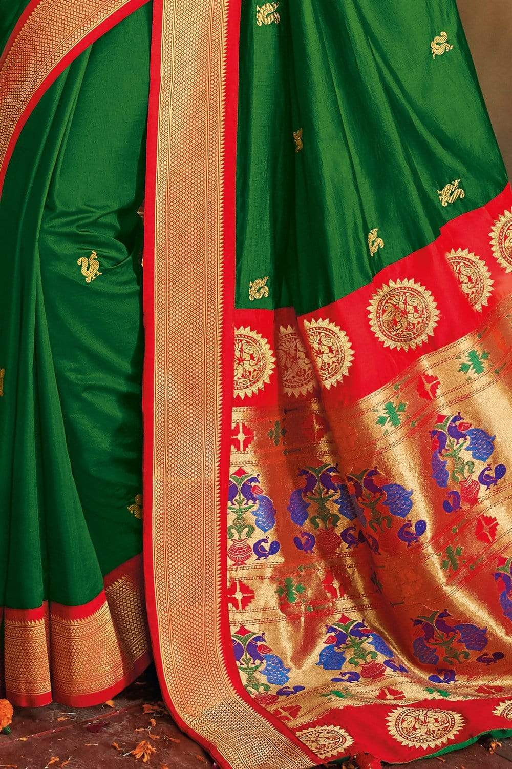 Bridal Green Gold Zari Woven Paithani Saree With Designer Blouse - From Paithani Brocade Fusion Collection