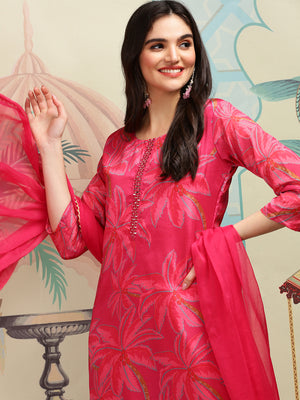 Floral Printed Round Neck Mirror Work Straight Kurta with Trousers & Dupatta